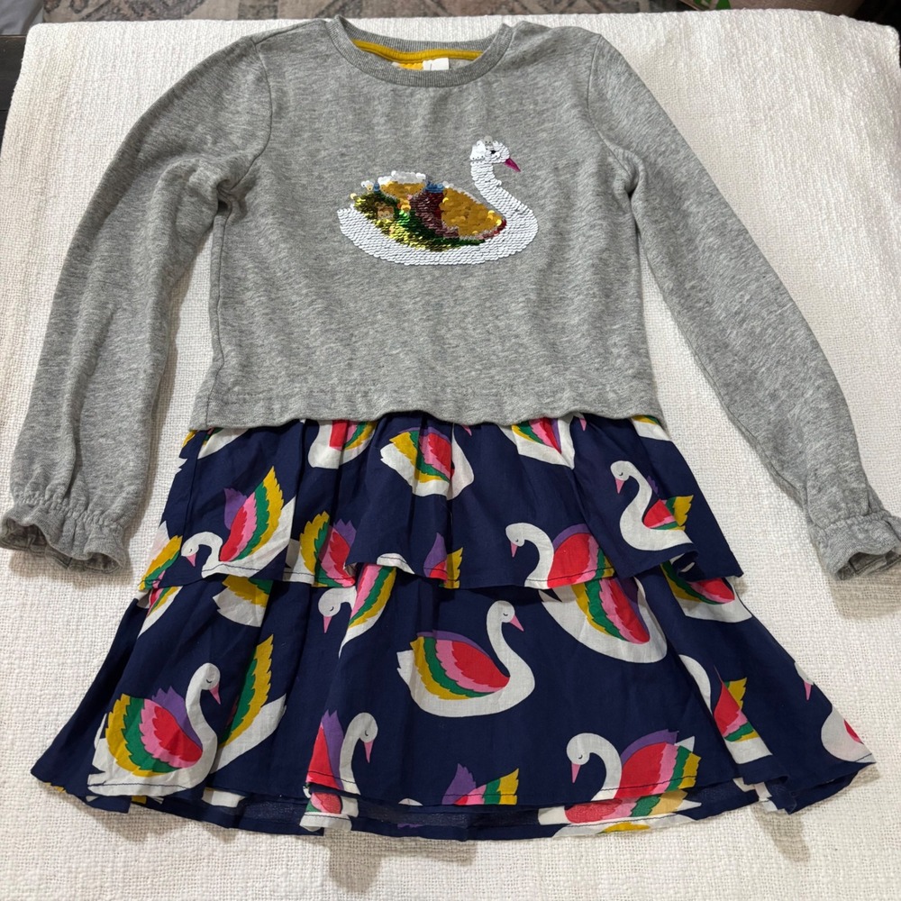Mini Boden Girls Gray Swan Reversible Sequin Tiered Dress 6-7Y 122cm